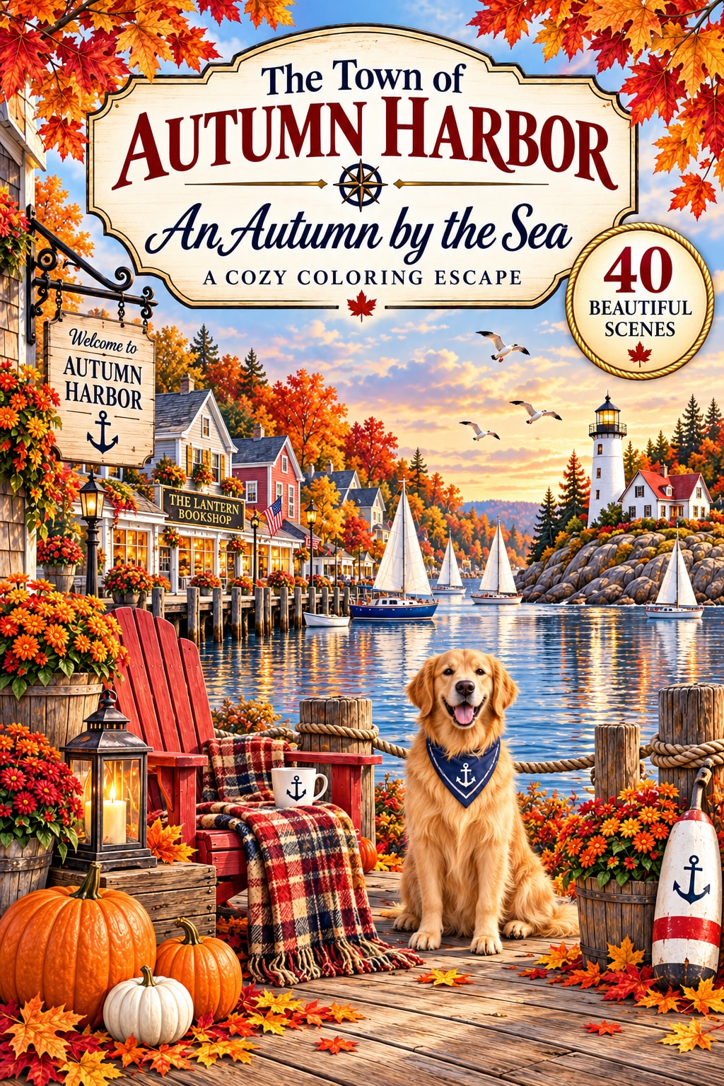 Approved colorful cover of The Town of Autumn Harbor: An Autumn by the Sea, with The Lantern Bookshop, a lighthouse, sailboats, autumn leaves, and a golden retriever by the water.